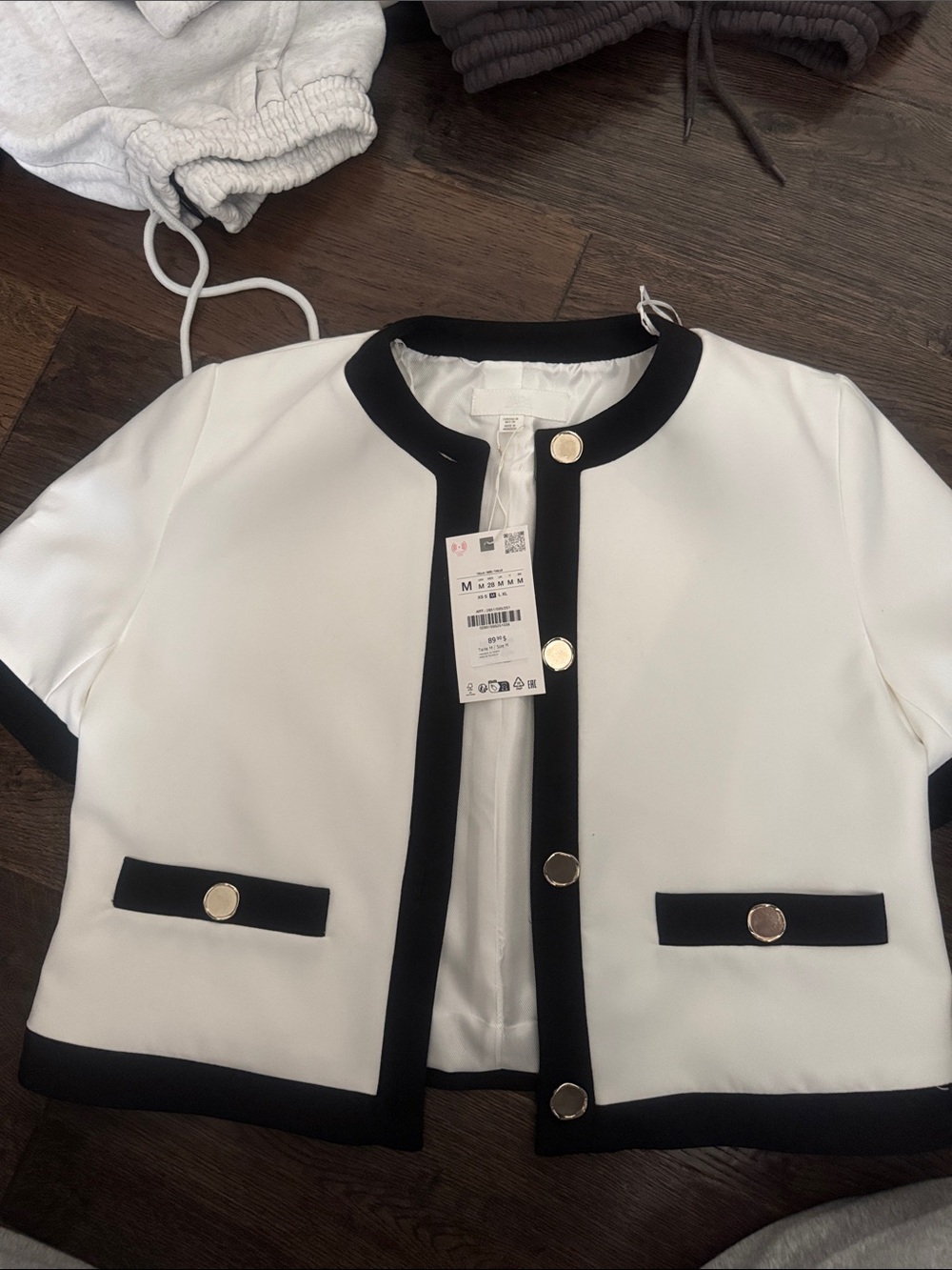 Zara White Cropped Jacket with Black Trim and Gold Buttons